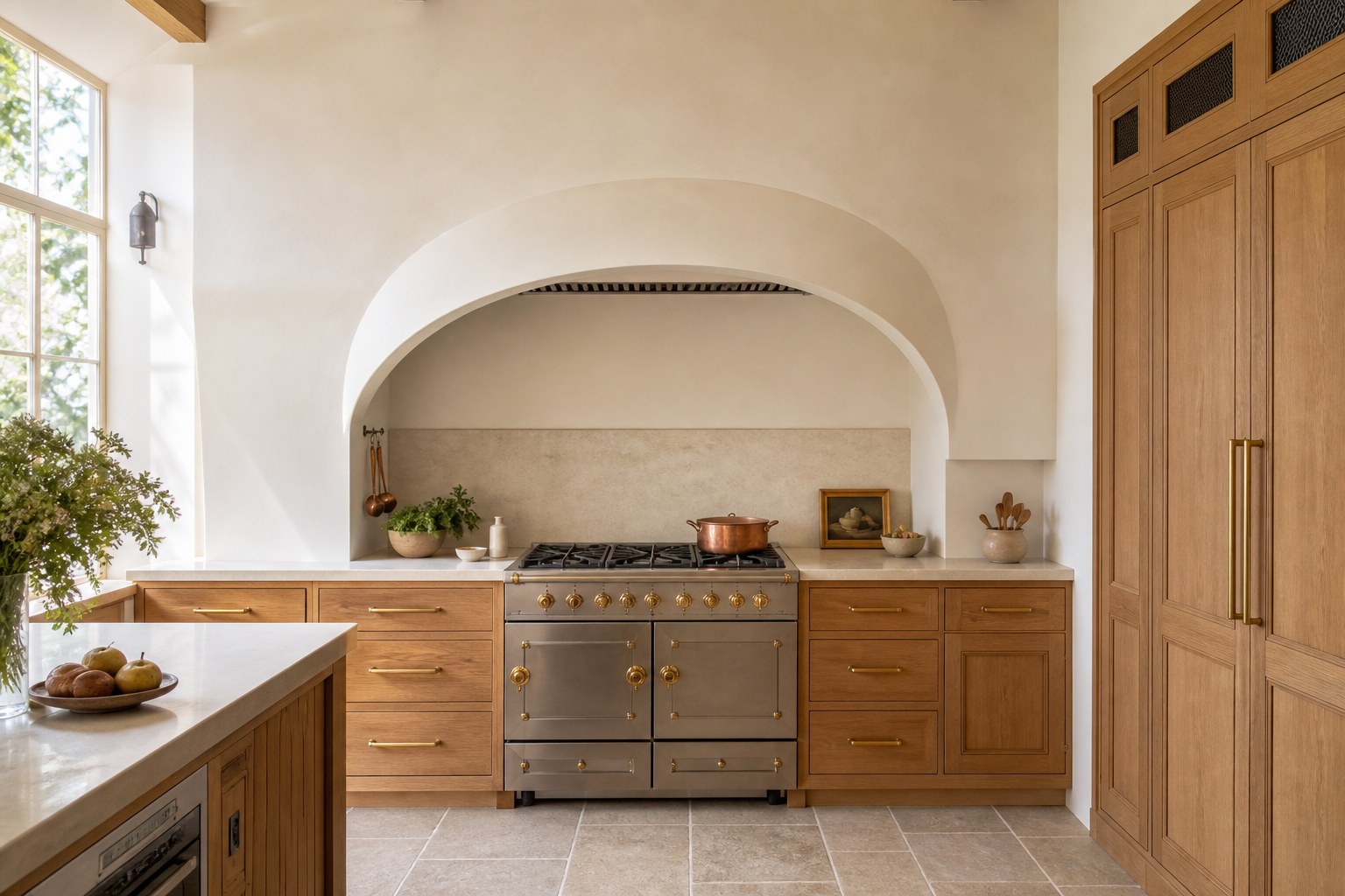 Bright oak kitchen with a broad cream plaster arch framing an unbranded range, copper pan and discreet ventilation filter