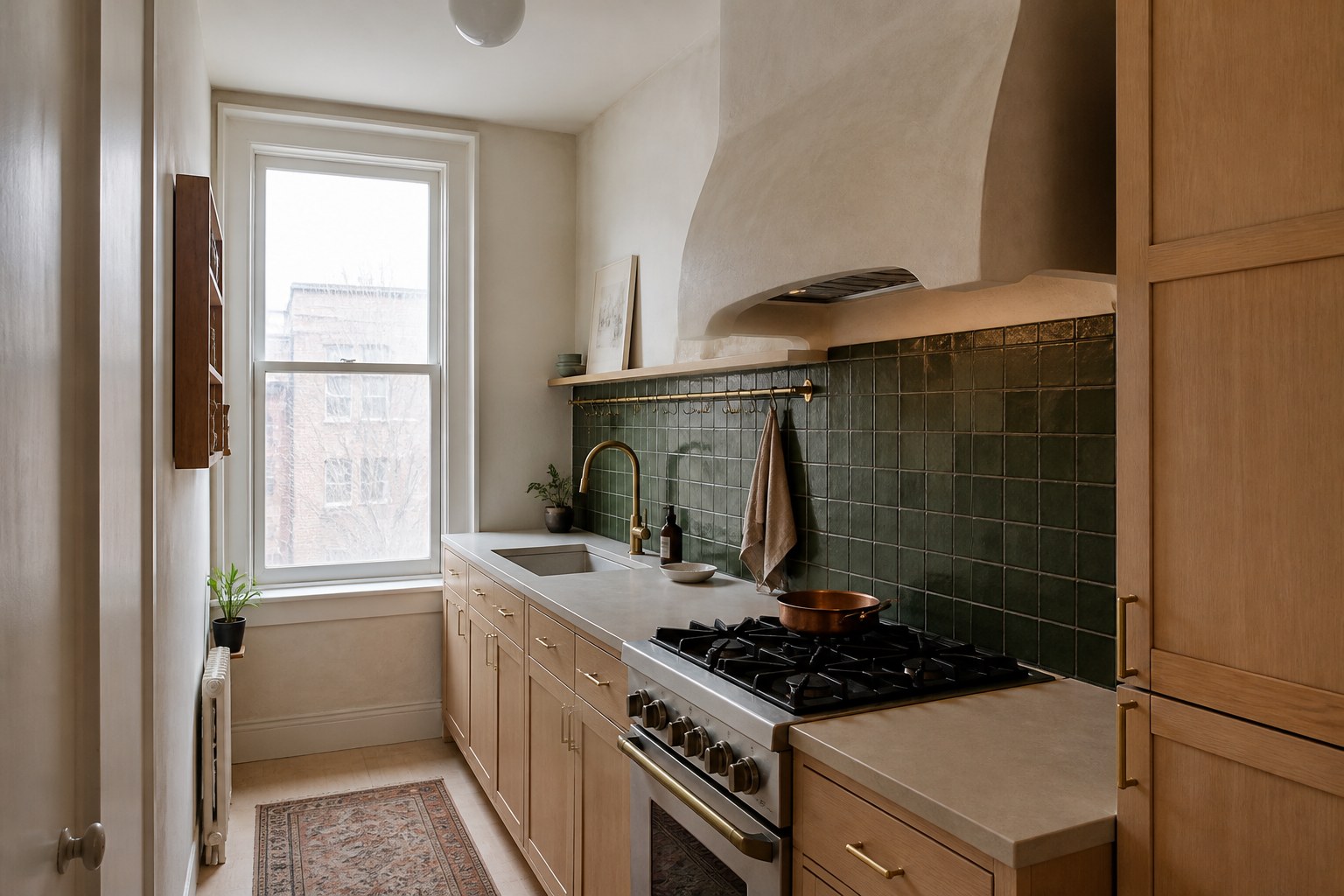 Small apartment galley kitchen with a cream arched hood, pale oak cabinetry, dark green tile and an unbranded range