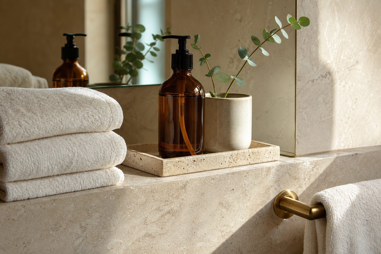 Luxury bathroom shelf with folded towels, amber bottle and eucalyptus on limestone