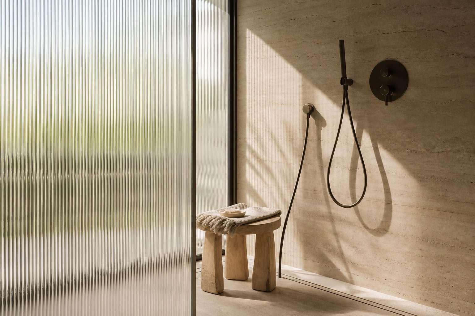 Fluted glass shower, bronze fixture and wooden stool in a hotel-style bathroom