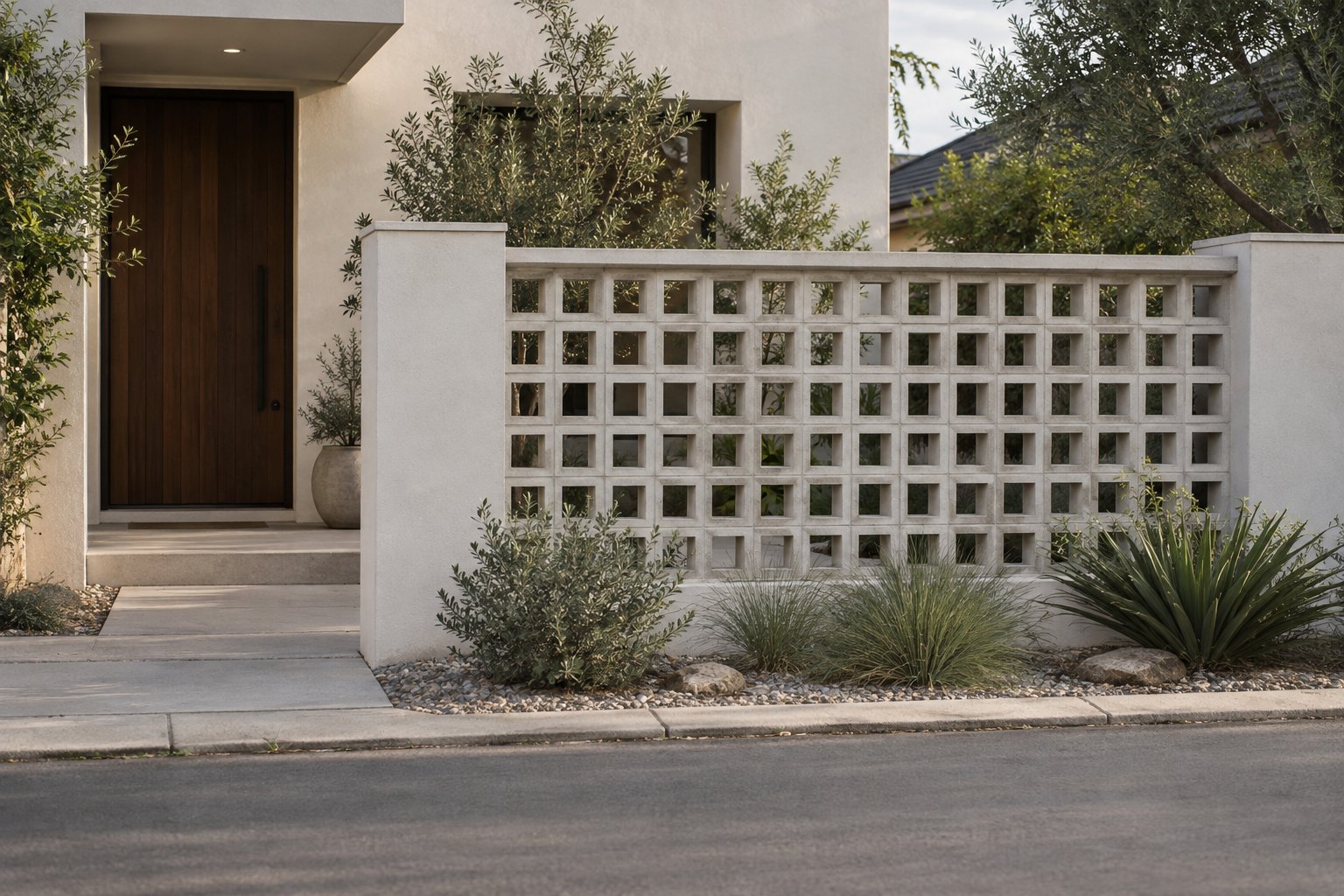 Cream square-opening breeze-block screen between solid piers beside a timber front door and gravel planting