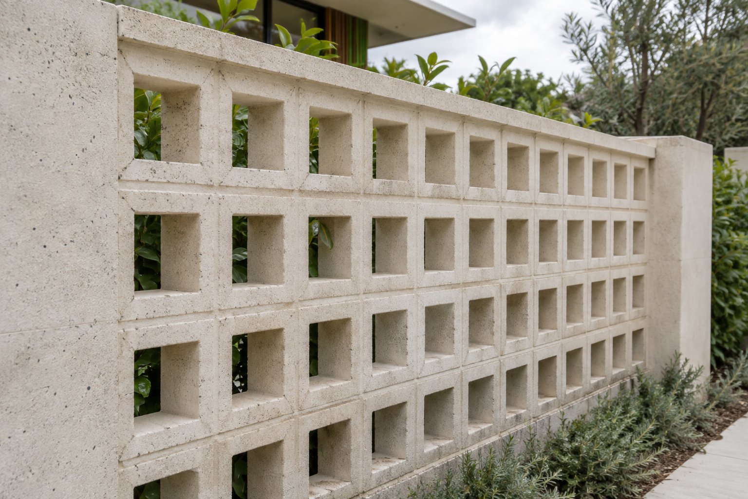 Cast concrete screen blocks with regular square openings, mortar joints and foliage beyond