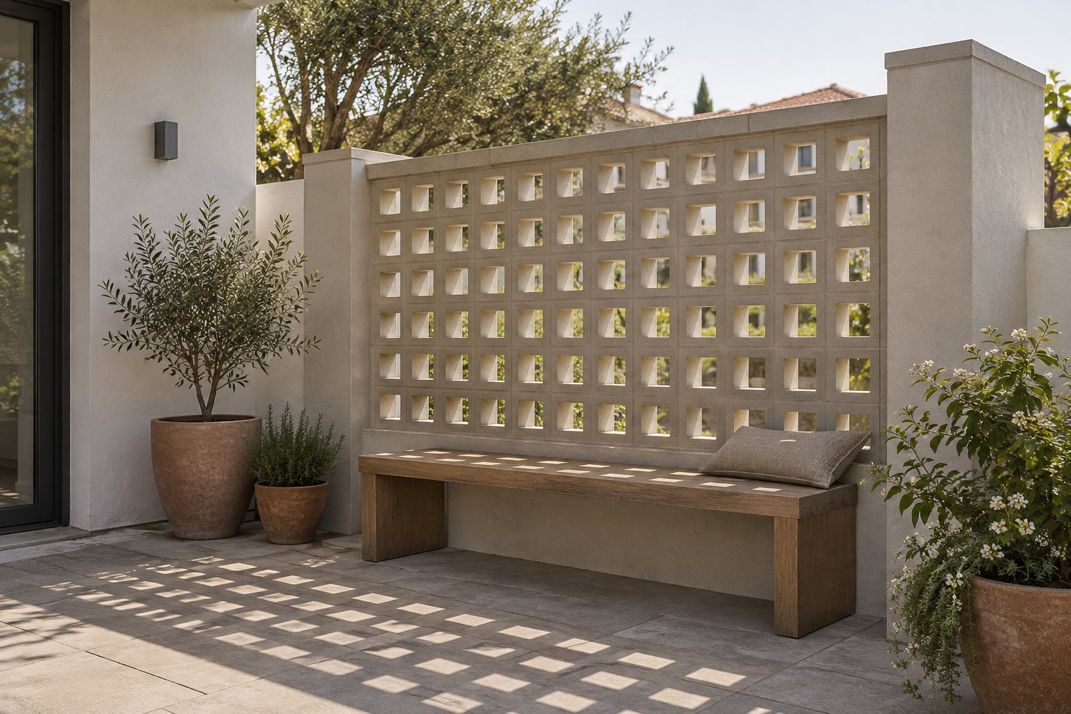 Small terrace with a square-opening concrete screen, timber bench and clay pots