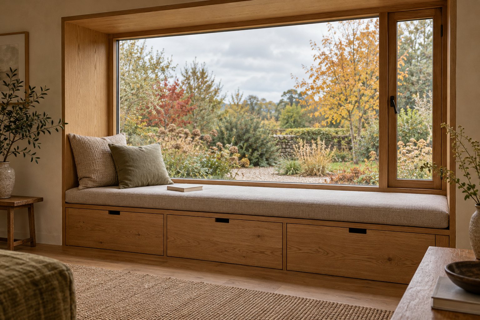 Oak-lined window seat with an oatmeal cushion and storage drawers overlooking an autumn garden