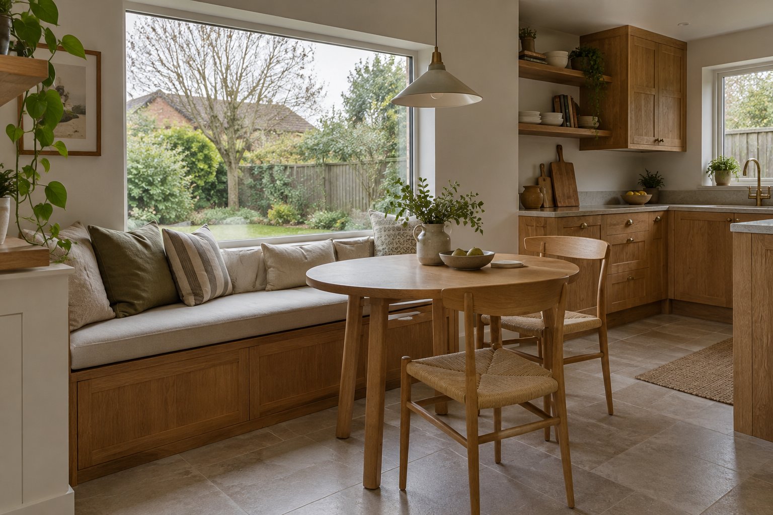Built-in bench beneath a garden window beside a small round timber dining table