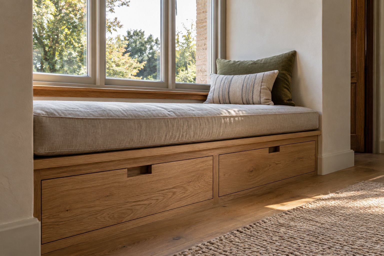 Oak window-seat platform with a fitted cushion and aligned storage drawers