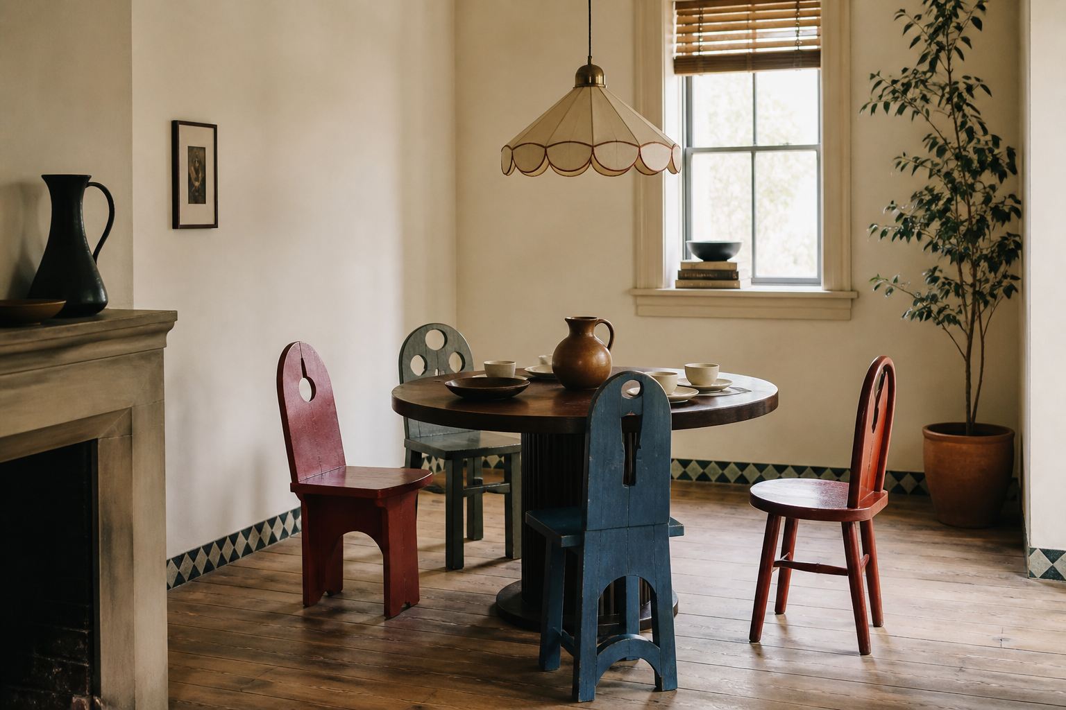 Sophisticated dining room with mismatched sculptural chairs, scalloped pendant and restrained geometric paint details