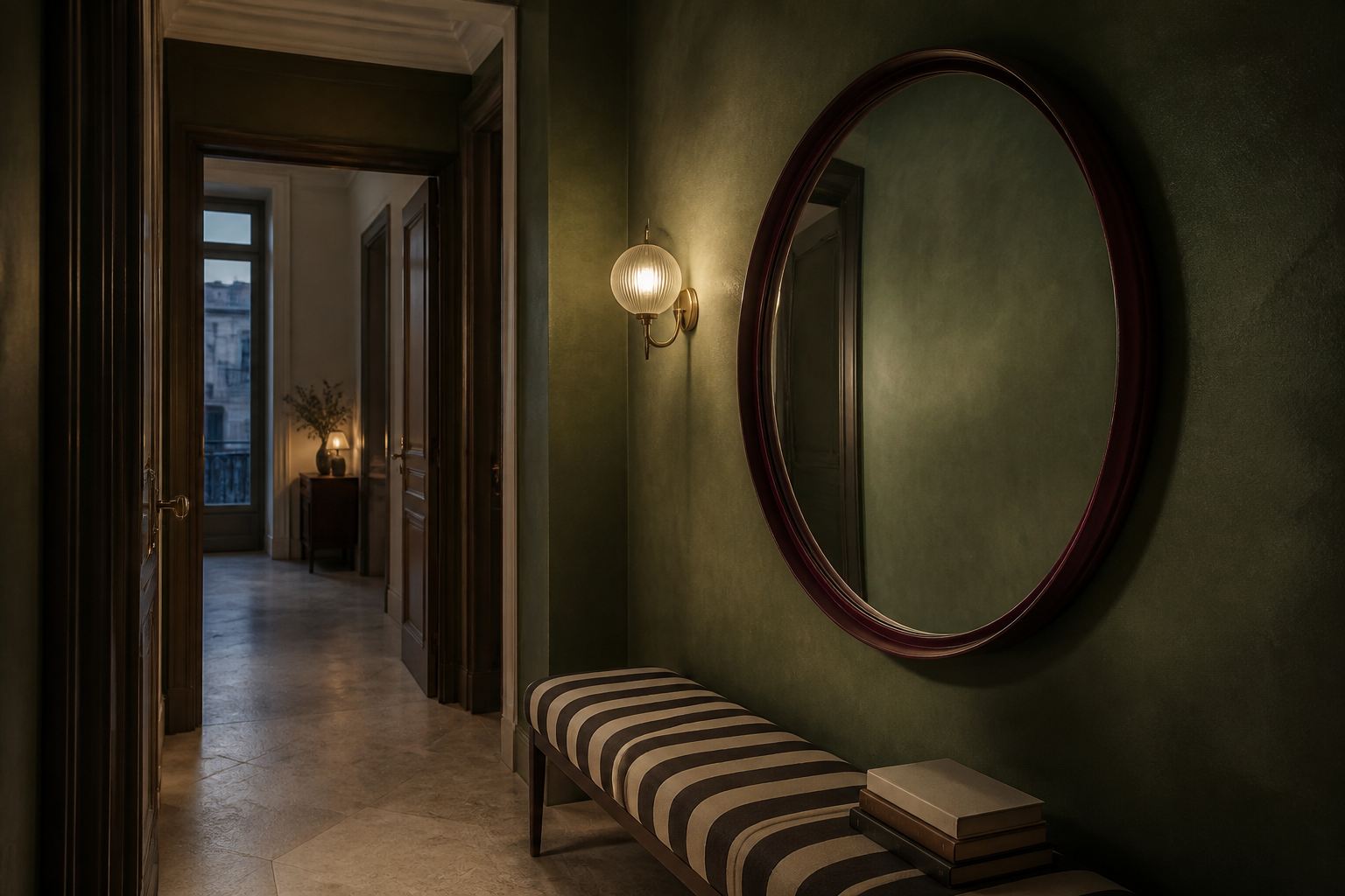 Forest-green entrance hall with a face-free convex mirror, striped bench and geometric floor border