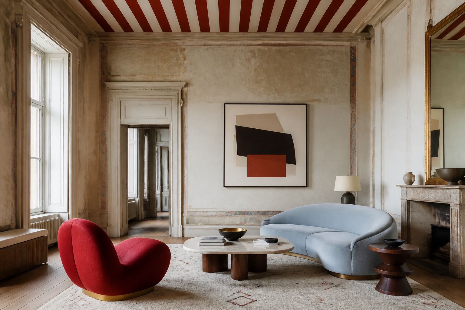 Sophisticated living room with an oxblood and cream striped ceiling, red chair and deep blue sofa