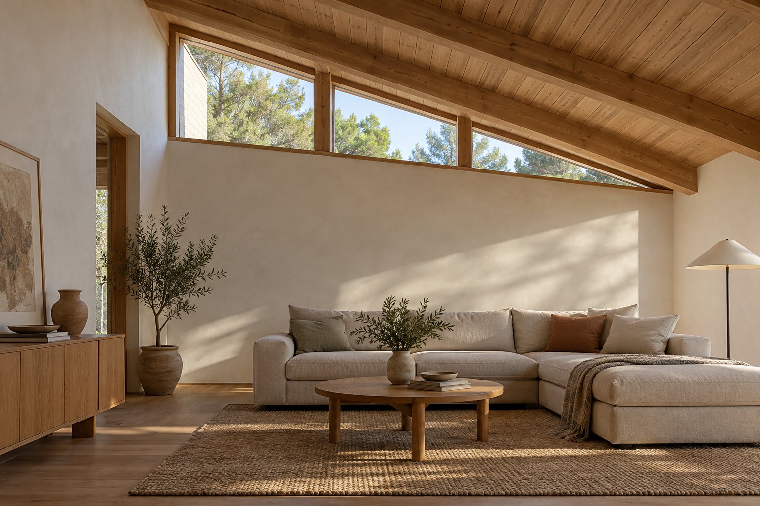 High horizontal clerestory windows beneath a sloping timber roof above a simple linen sofa