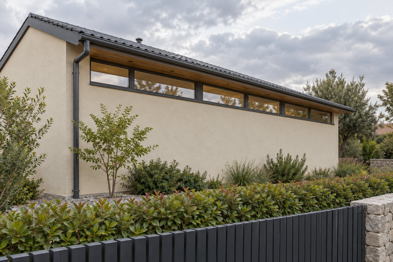 Narrow band of high windows beneath the eave of a modest rendered house