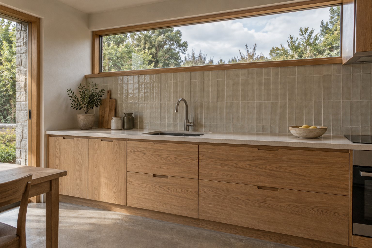 Compact oak kitchen with a high horizontal exterior window above the cabinetry