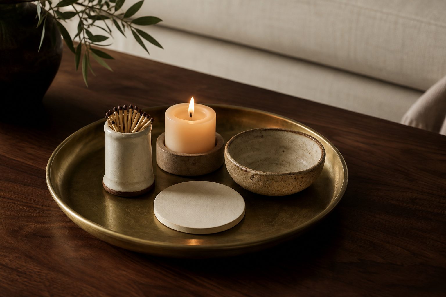Coffee table tray with candle, match striker, ceramic bowl and aged brass