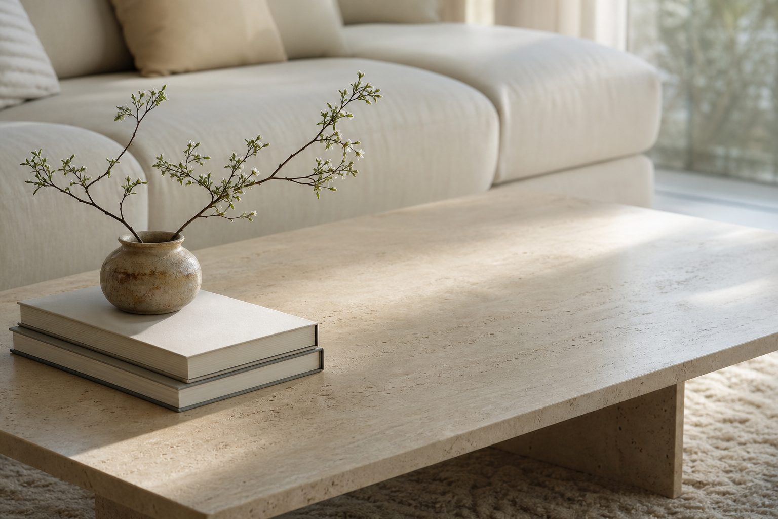 Travertine coffee table with blank art books, ceramic branch vase and negative space