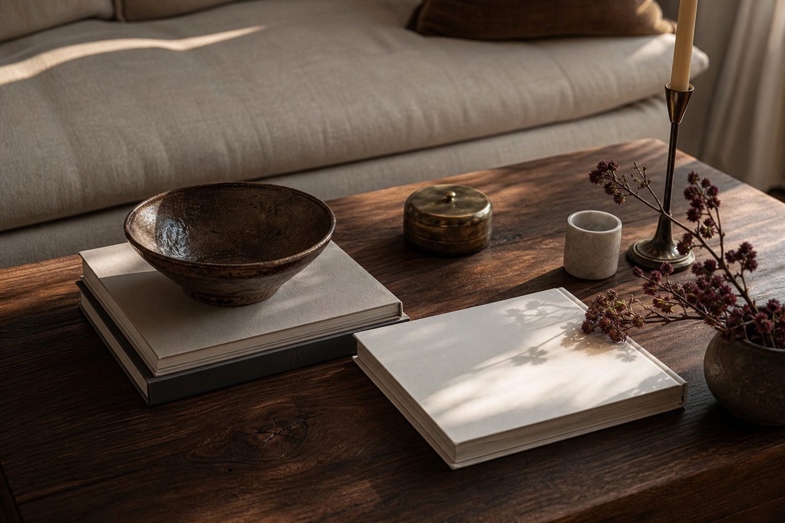 Collected coffee table with art books, ceramic bowl, candle and low flowers