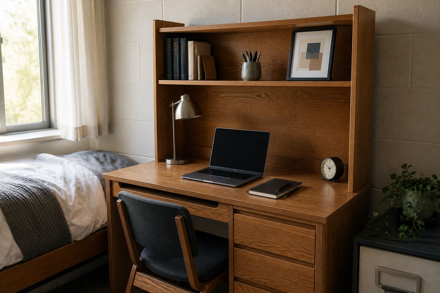 Sophisticated oak dorm desk hutch with books, lamp, laptop and a clear work surface beside a Twin XL bed