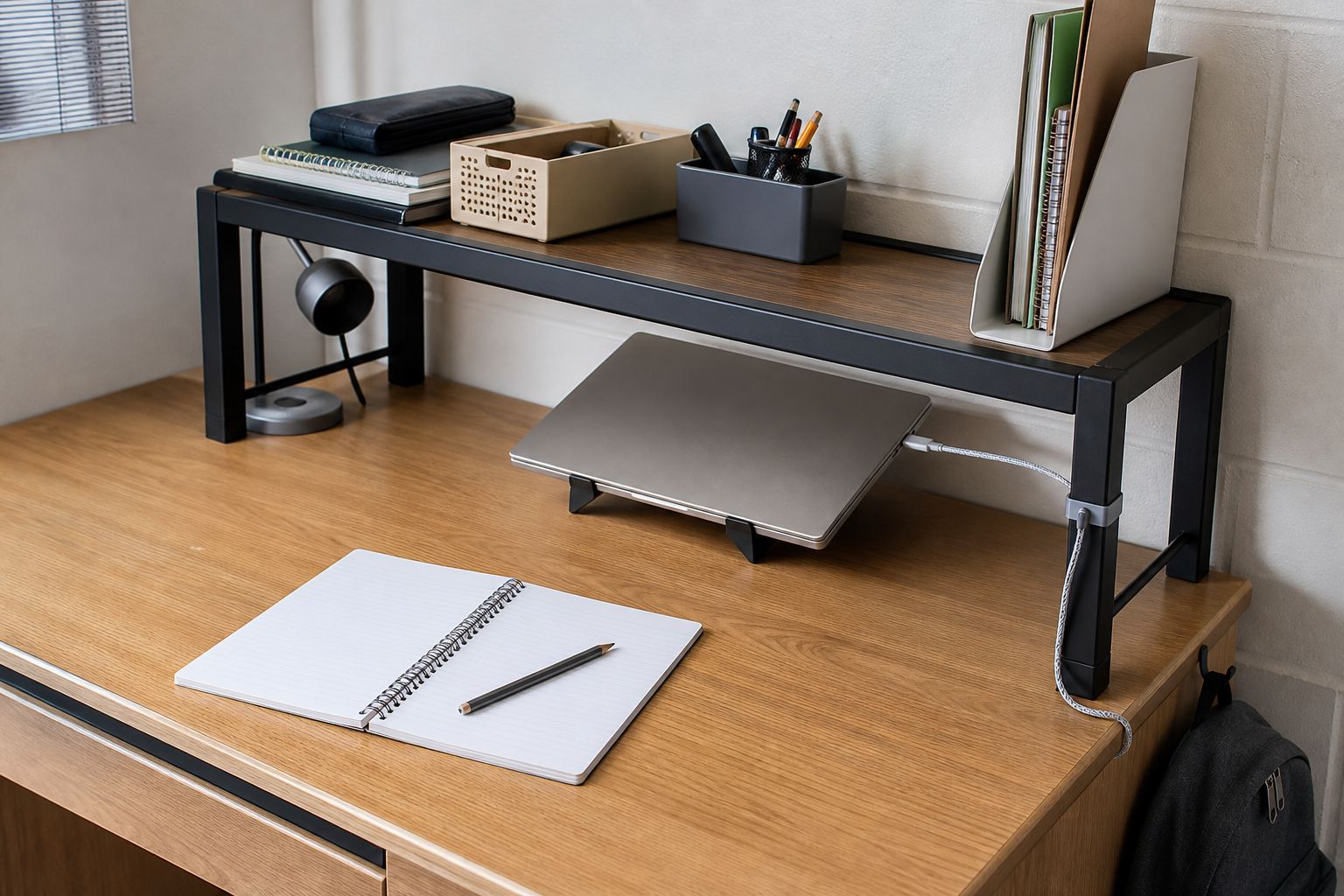 Compact dorm desk shelf with an open notebook, laptop stand, vertical files and a large clear writing area