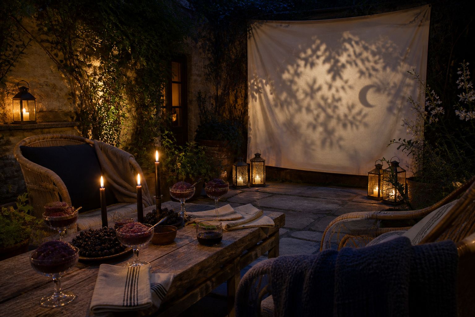 Face-free garden film night with woven chairs, candles and blackberry granita for Summerween