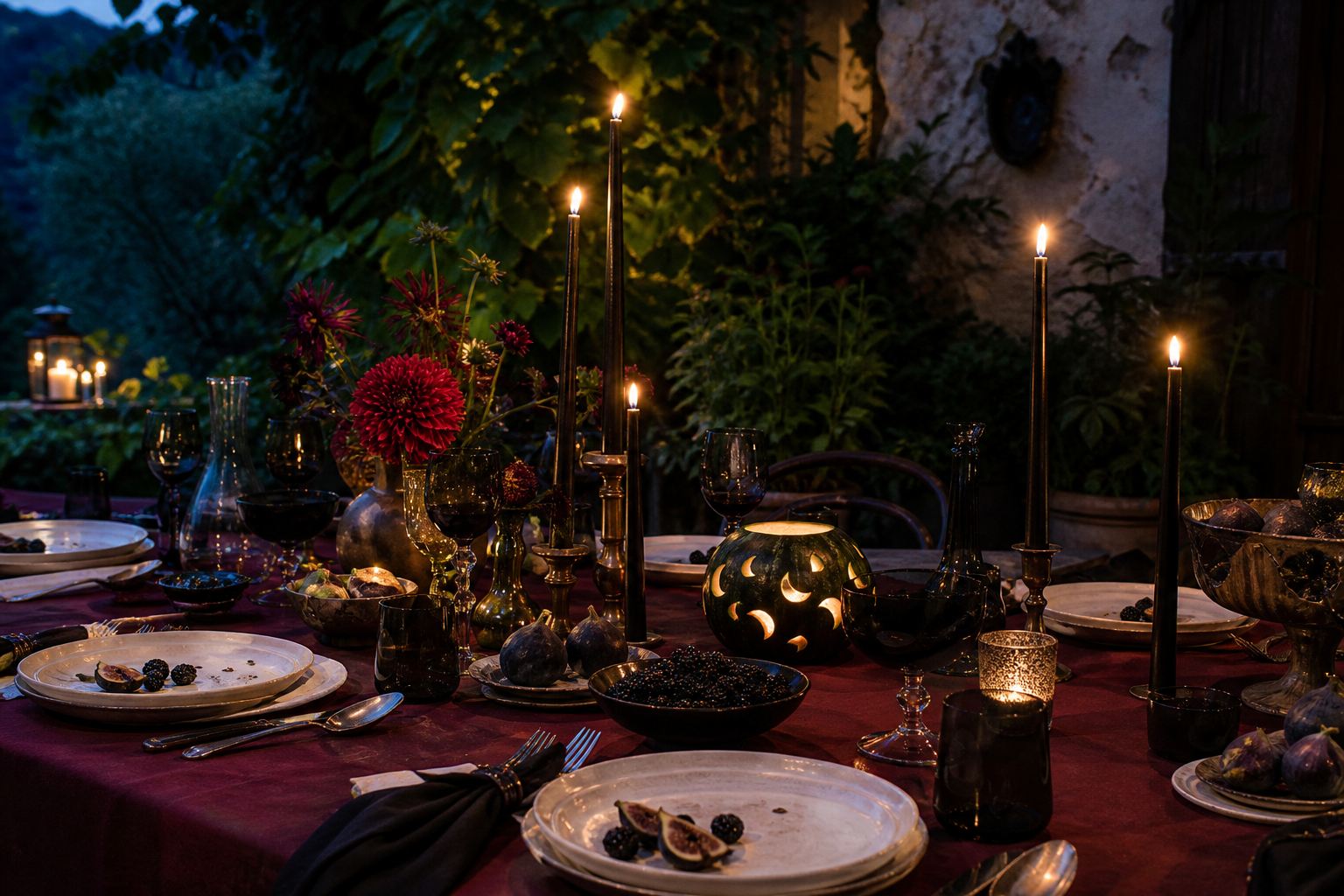 Elegant Summerween garden table with black candles, dark dahlias, figs and a moon-carved watermelon