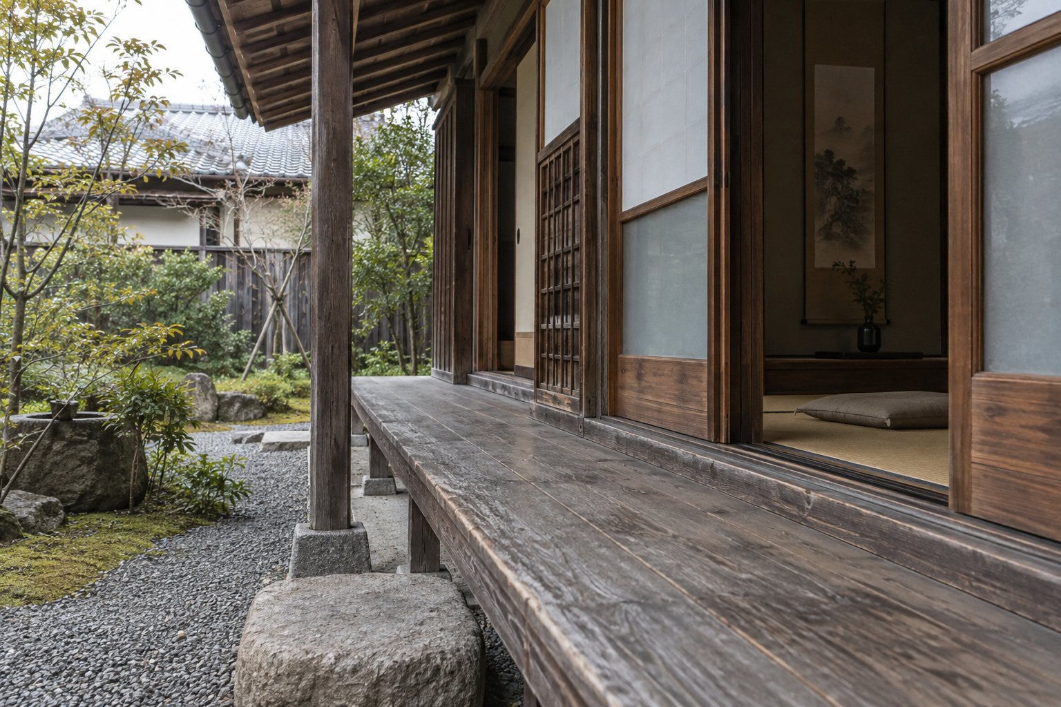 Weathered veranda boards and sliding-door tracks beside a timber post and gravel garden