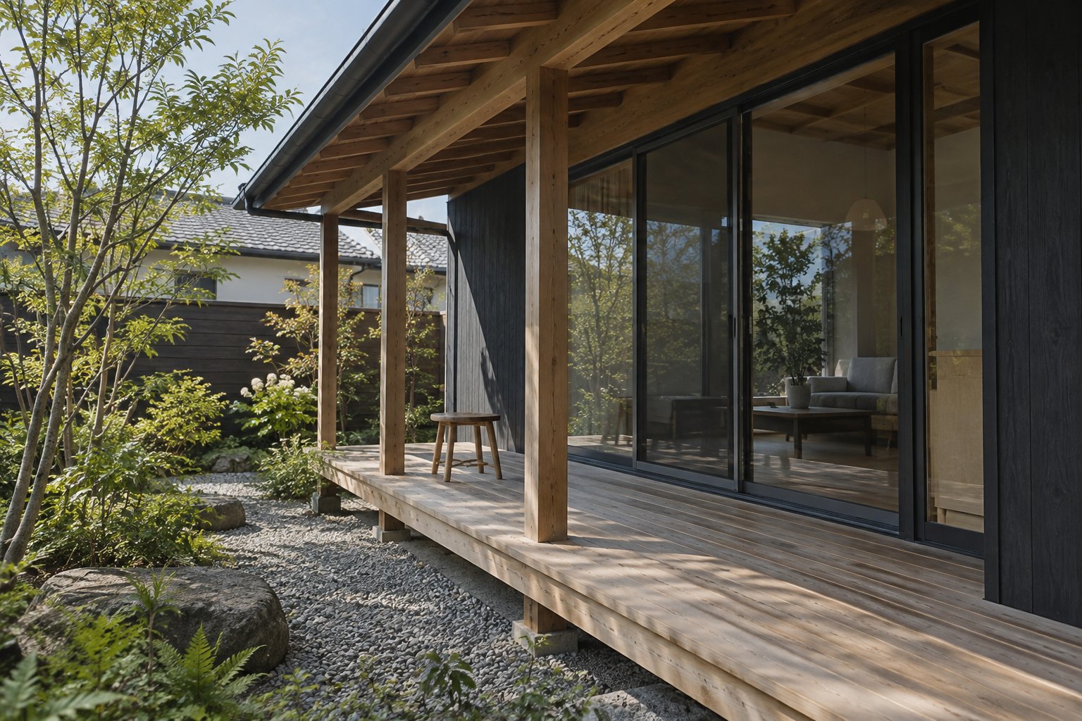 Modern sheltered timber terrace with supporting posts, sliding glass doors and gravel planting