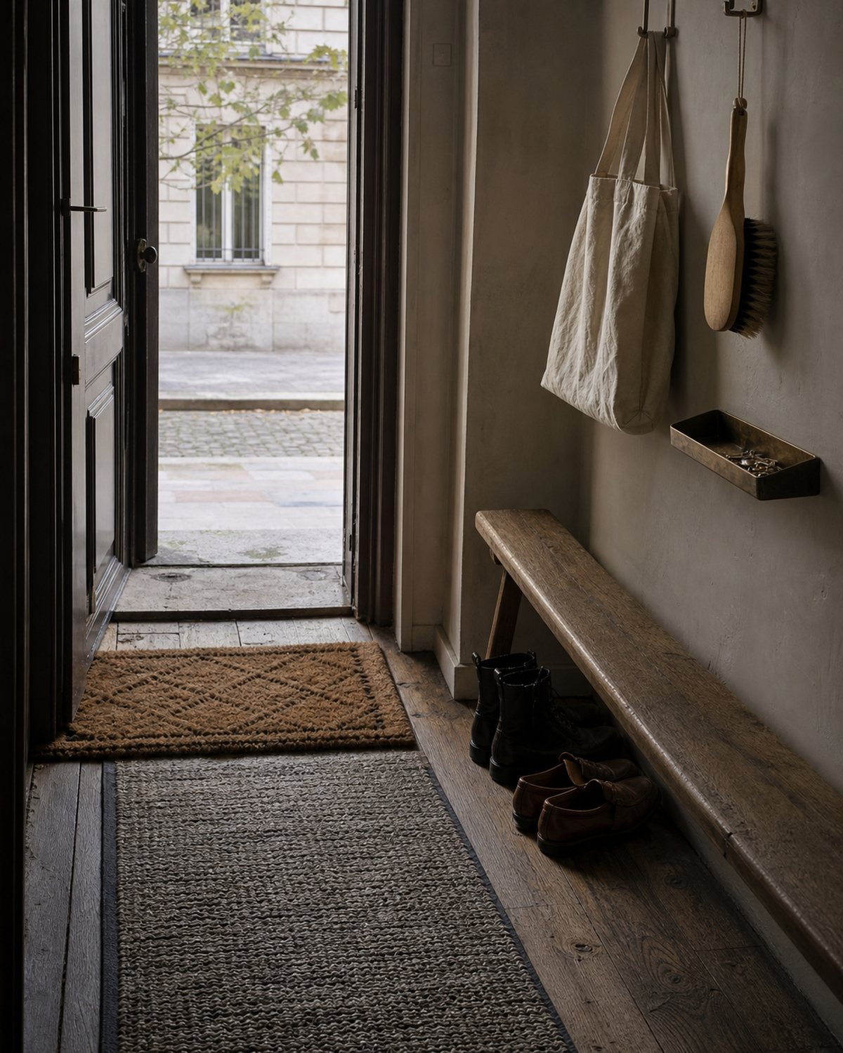 Calm apartment entry with two doormats, a shoe tray, oak bench, wall hooks and a small landing tray