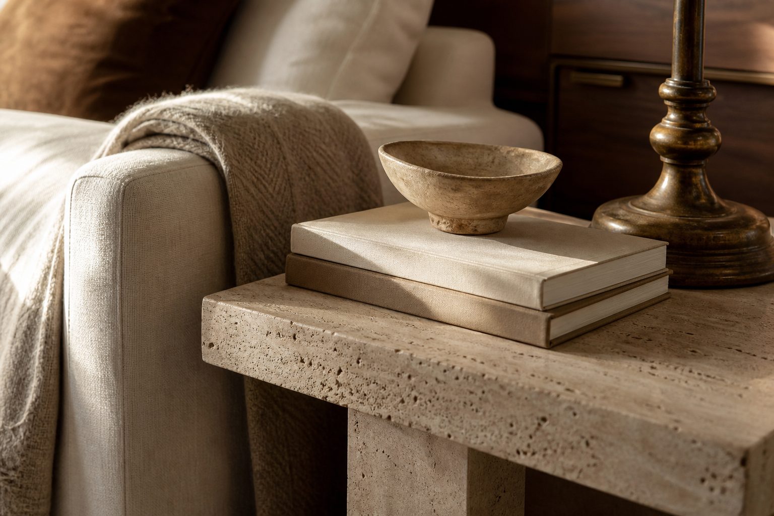 Close detail of travertine, linen, ceramic and aged brass in an expensive-looking living room