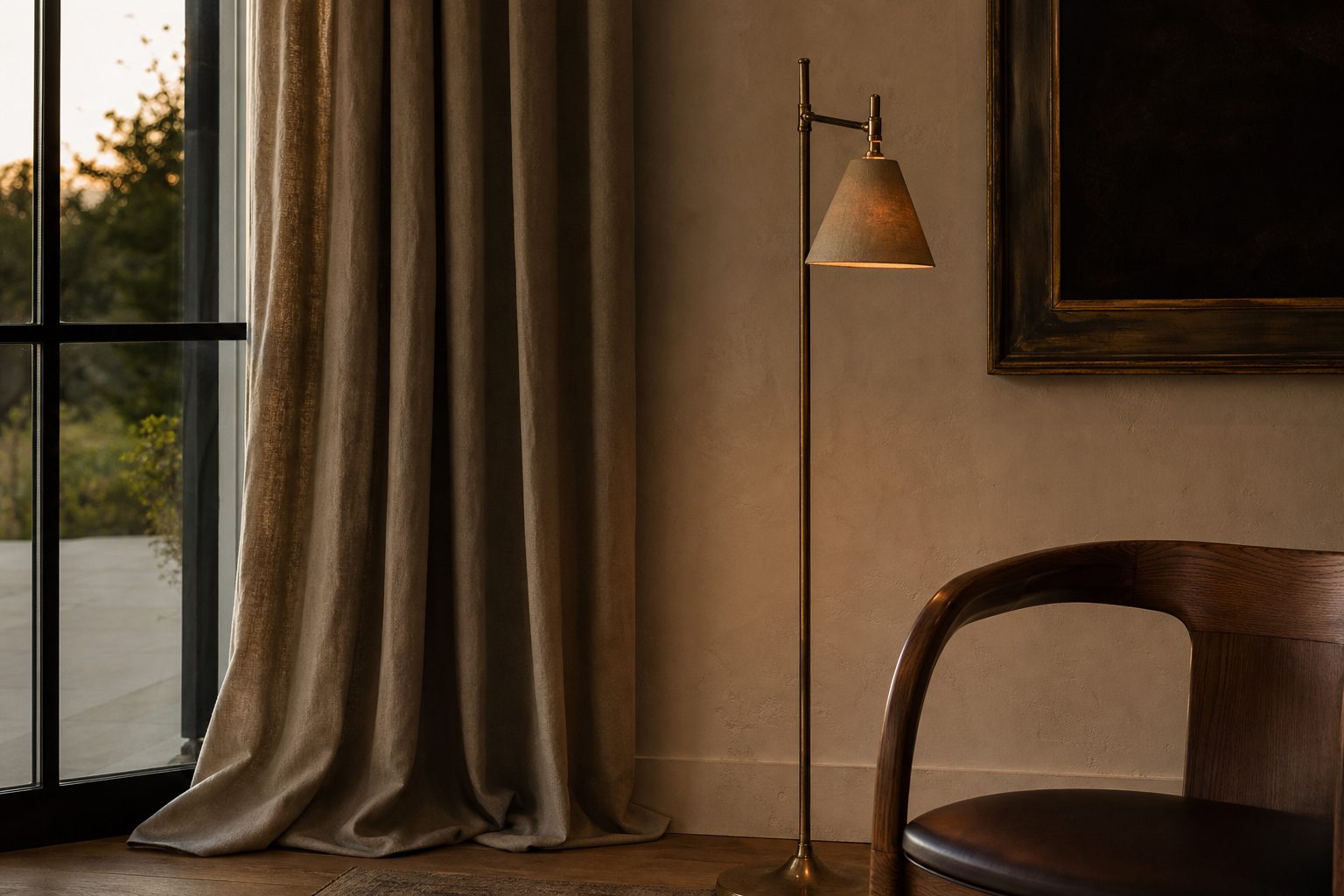 Full height curtains, warm lamp light and dark framed art in a quiet luxury room