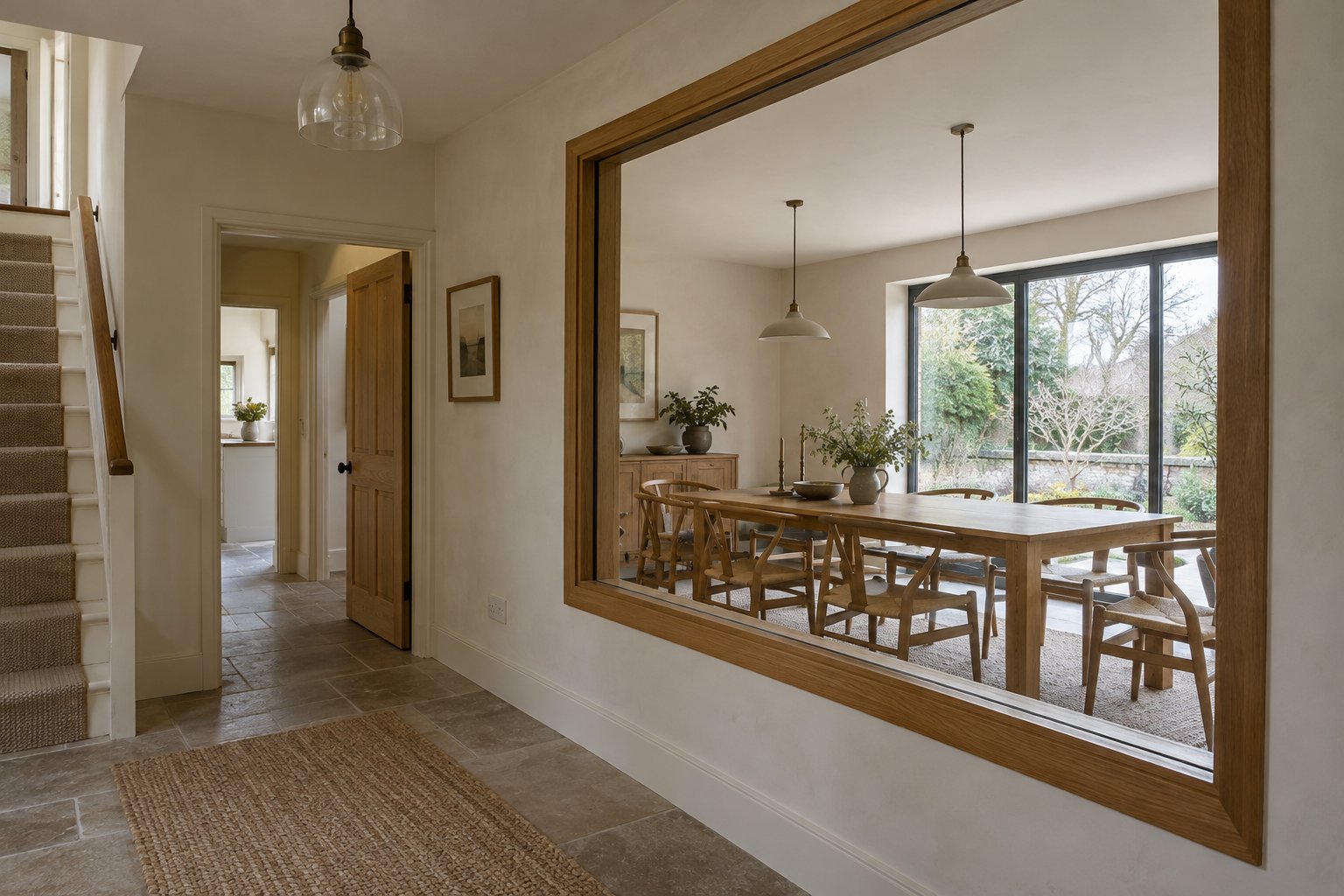 Oak-framed internal window between a pale hallway and a dining room with an exterior garden window