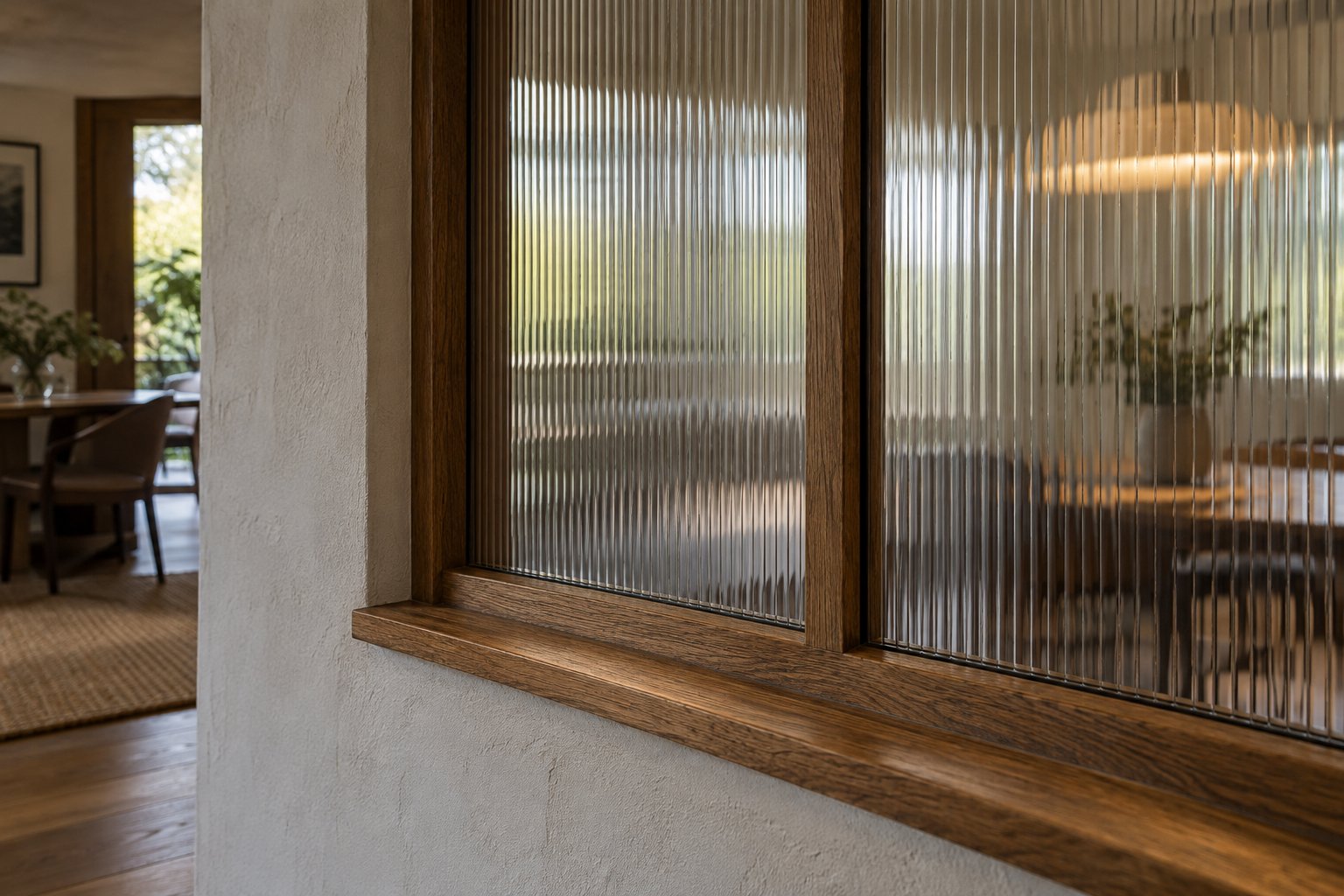 Reeded glass set into a slim oak internal window frame within a plaster wall
