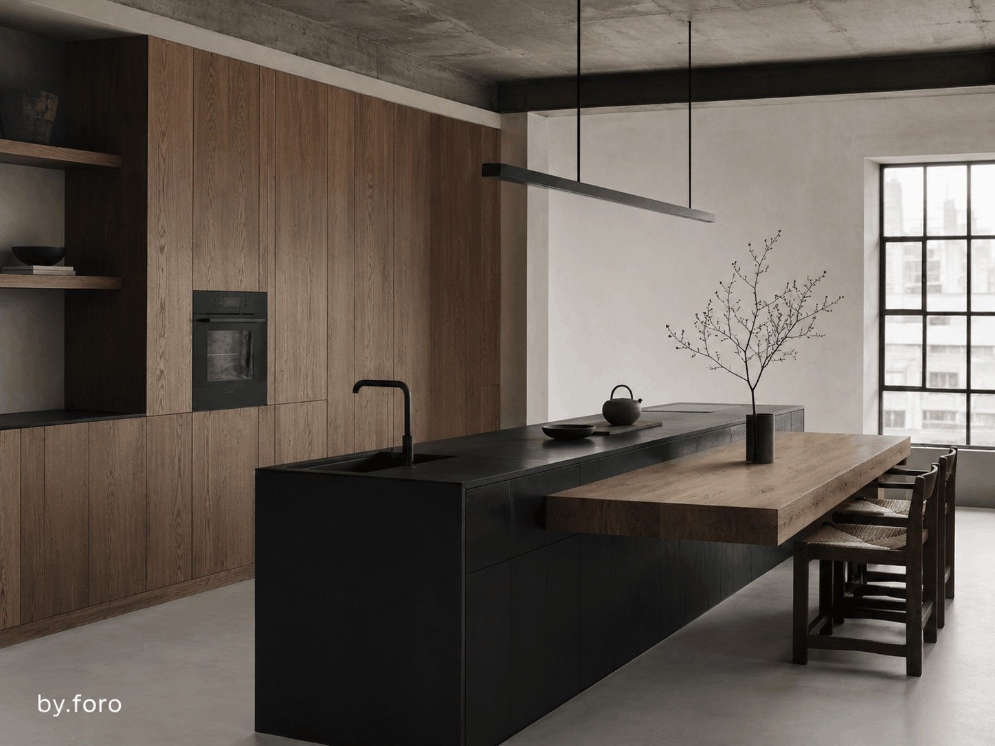 Minimal black, oak and soft white kitchen in a Japanese-inspired urban loft