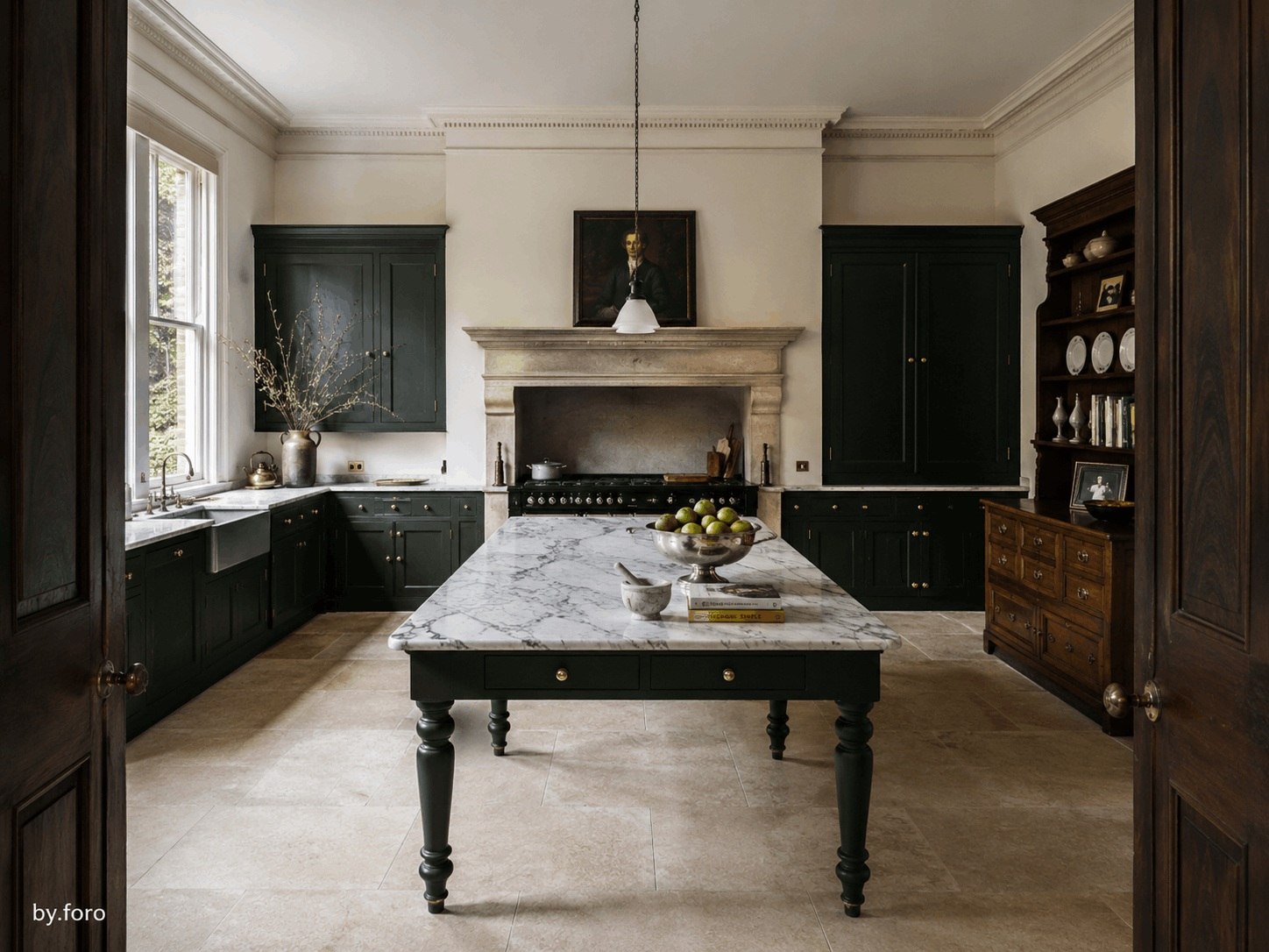 Grand forest green kitchen with strongly veined white stone