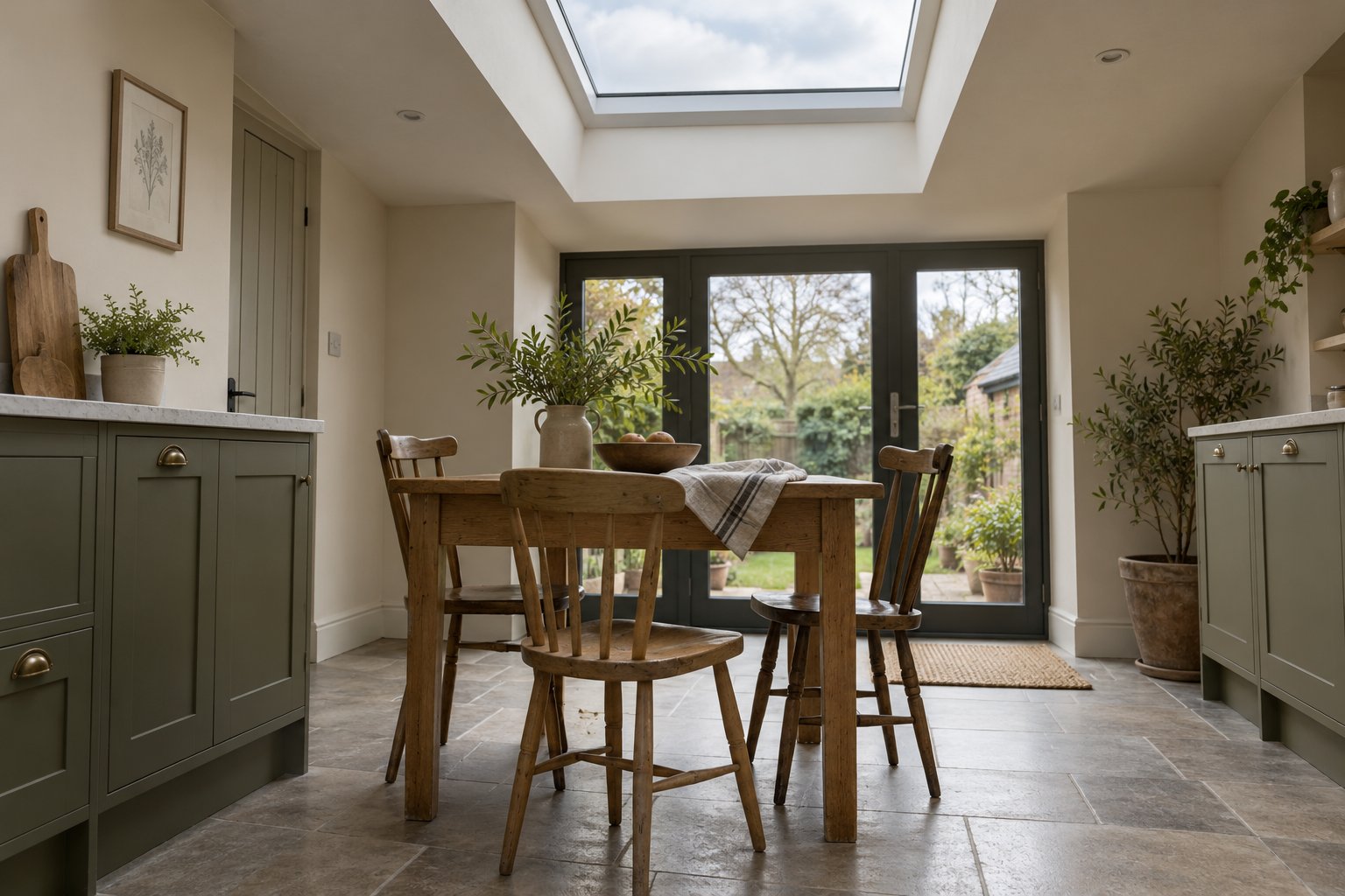 Rectangular rooflight in a deep ceiling reveal above a small oak dining table