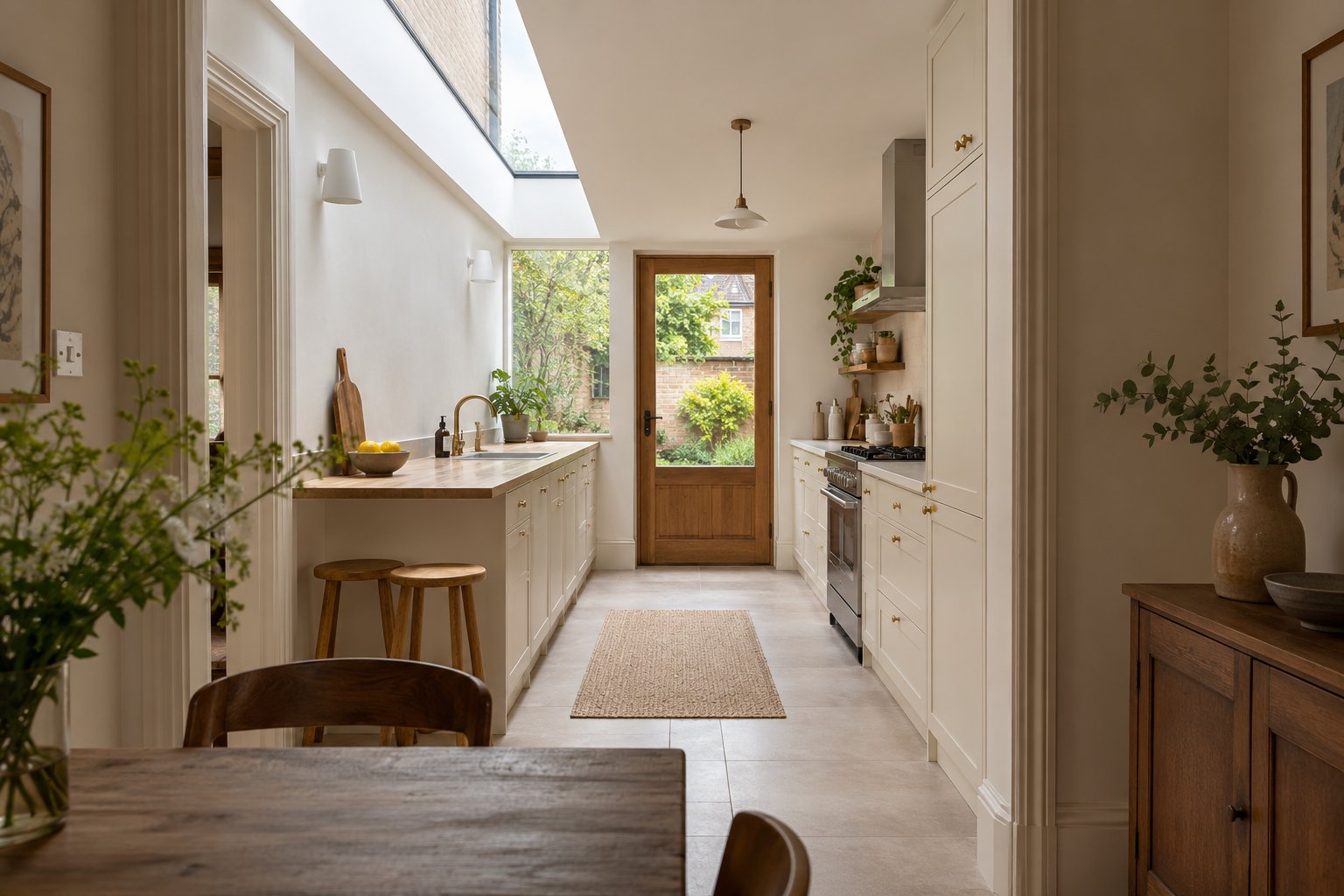 Long rectangular rooflight above an oak worktop in a narrow kitchen extension with a garden door