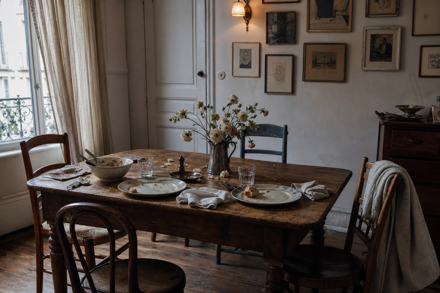Lived-in dining room after lunch with mismatched chairs, rumpled linen and a worn timber table