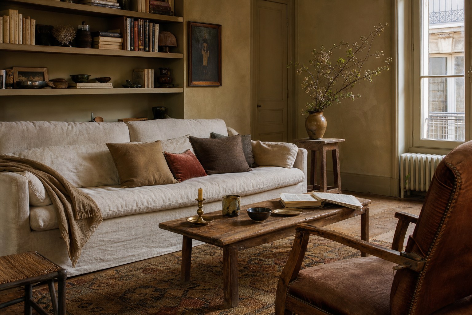 Collected living room with a rumpled linen sofa, aged oak table, worn rug and personal objects