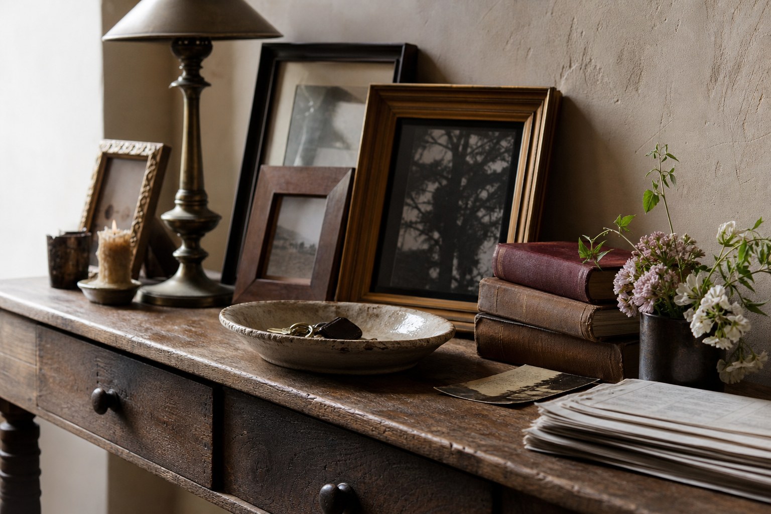 Aged oak console with old frames, books, keys, a handmade bowl and garden flowers