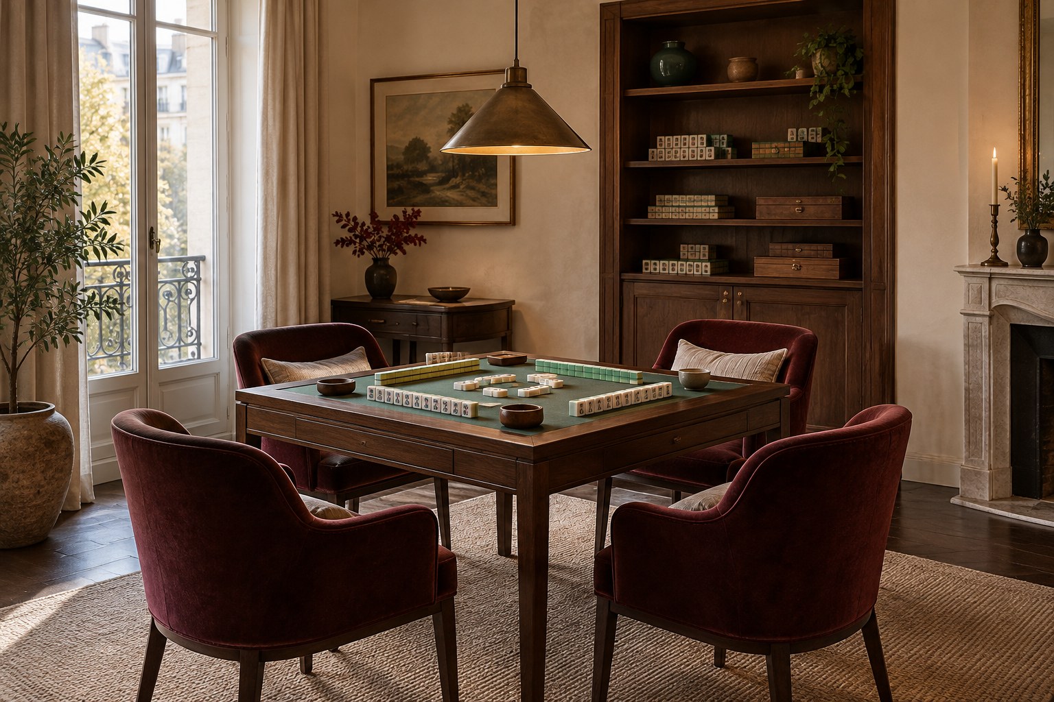 Warm mahjong room with a walnut game table, four oxblood chairs and shaded pendant light