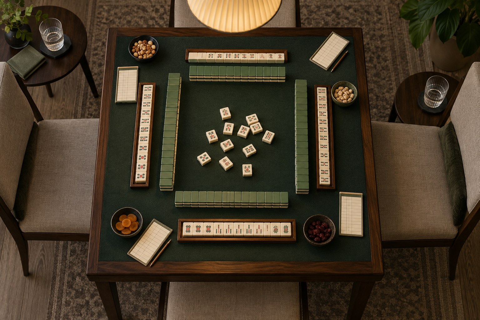 Overhead mahjong table layout with four racks, side tables for drinks and even lighting