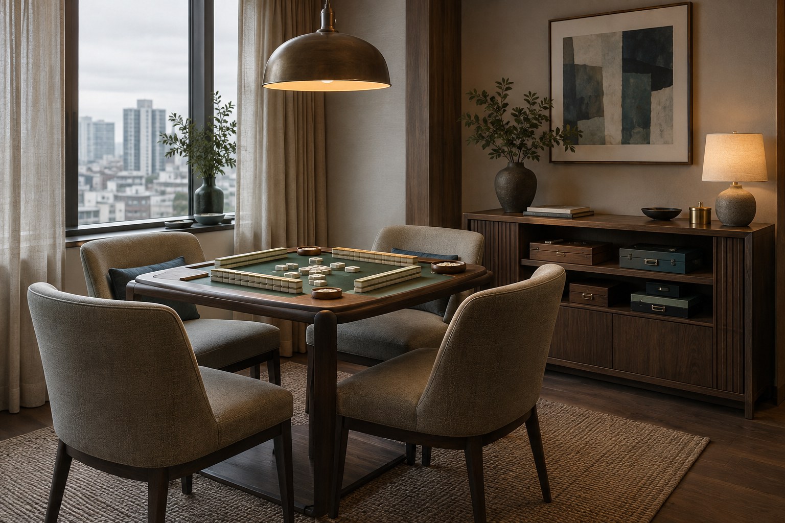Compact apartment dining corner used as a mahjong room with a square table and shallow storage cabinet