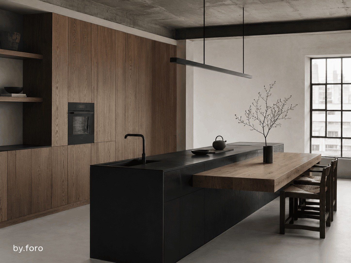 Minimal black, oak and soft white kitchen in a Japanese-inspired urban loft