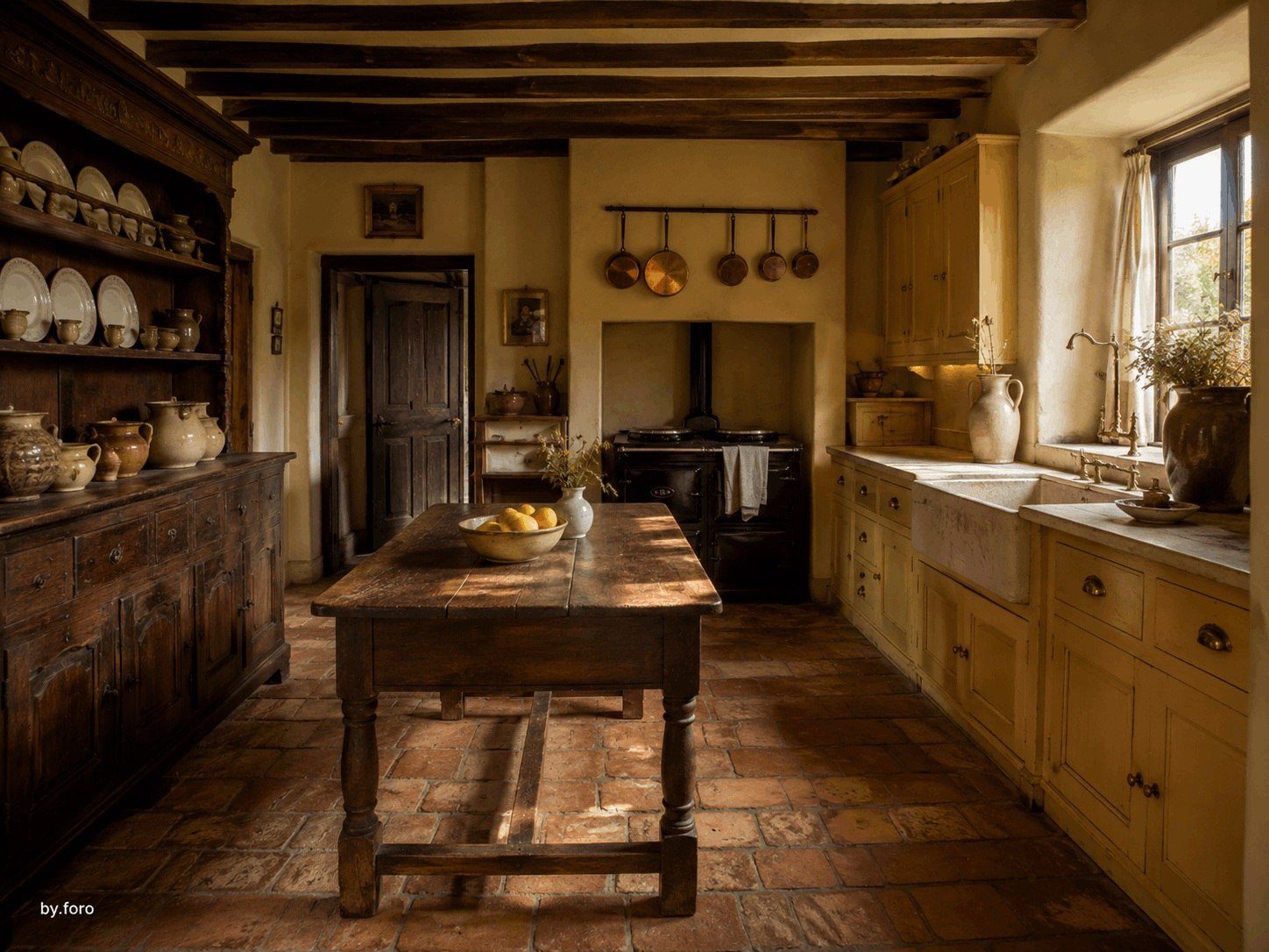 Butter yellow and deep brown country kitchen with aged timber and cream stone