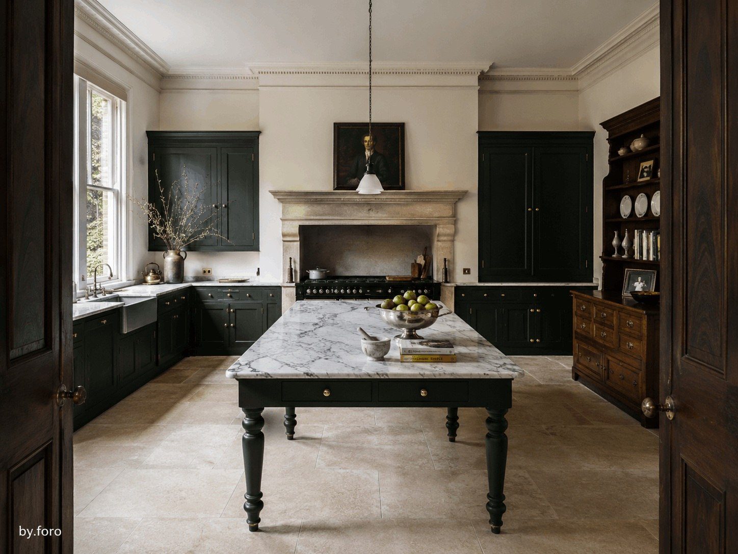Grand forest green kitchen with strongly veined white stone