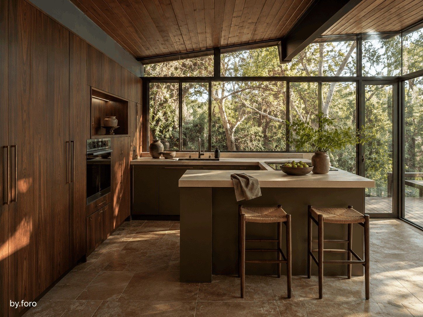 Olive green and dark walnut mid-century kitchen with travertine surfaces