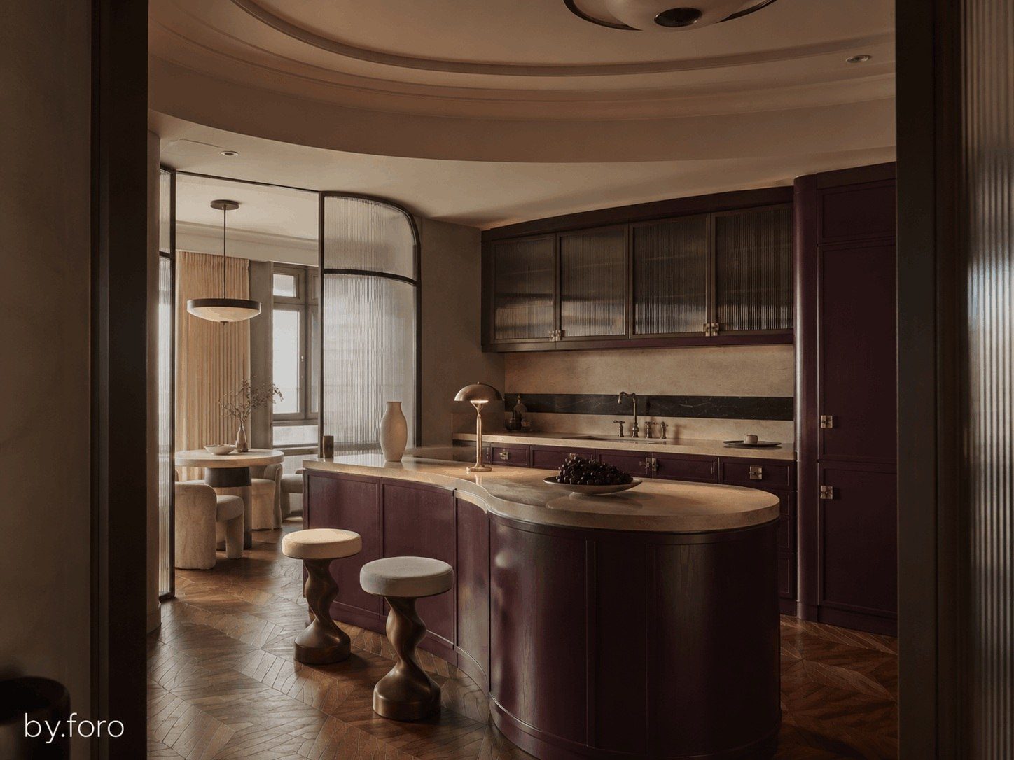 Plum and muted beige Art Deco kitchen with curved cabinetry