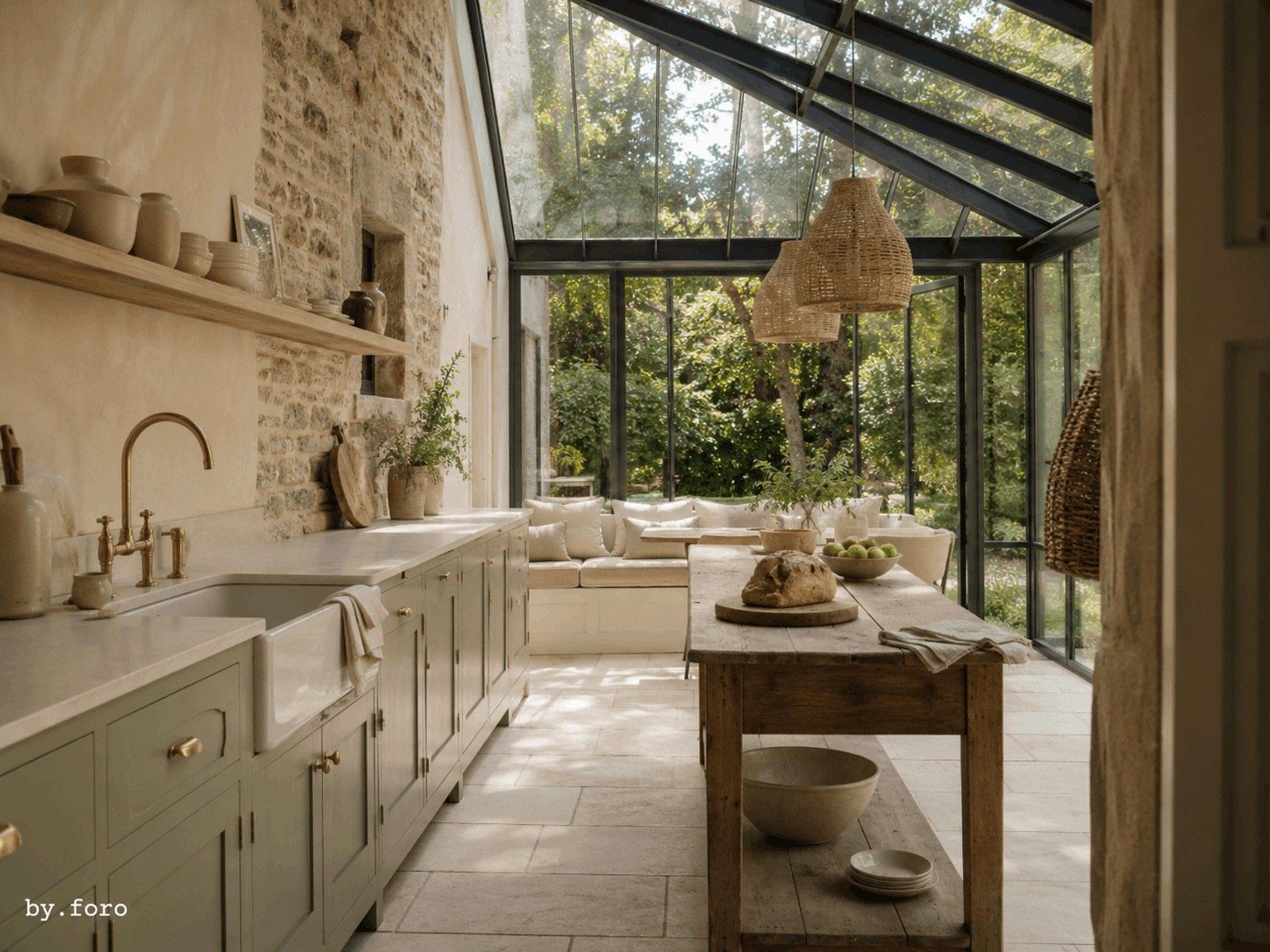 Sage green and oatmeal kitchen in a bright garden conservatory extension