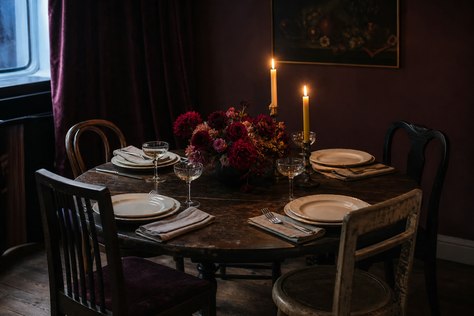 Round dark timber dining table set for four with mismatched chairs, deep red flowers, coupe glasses and two beeswax candles
