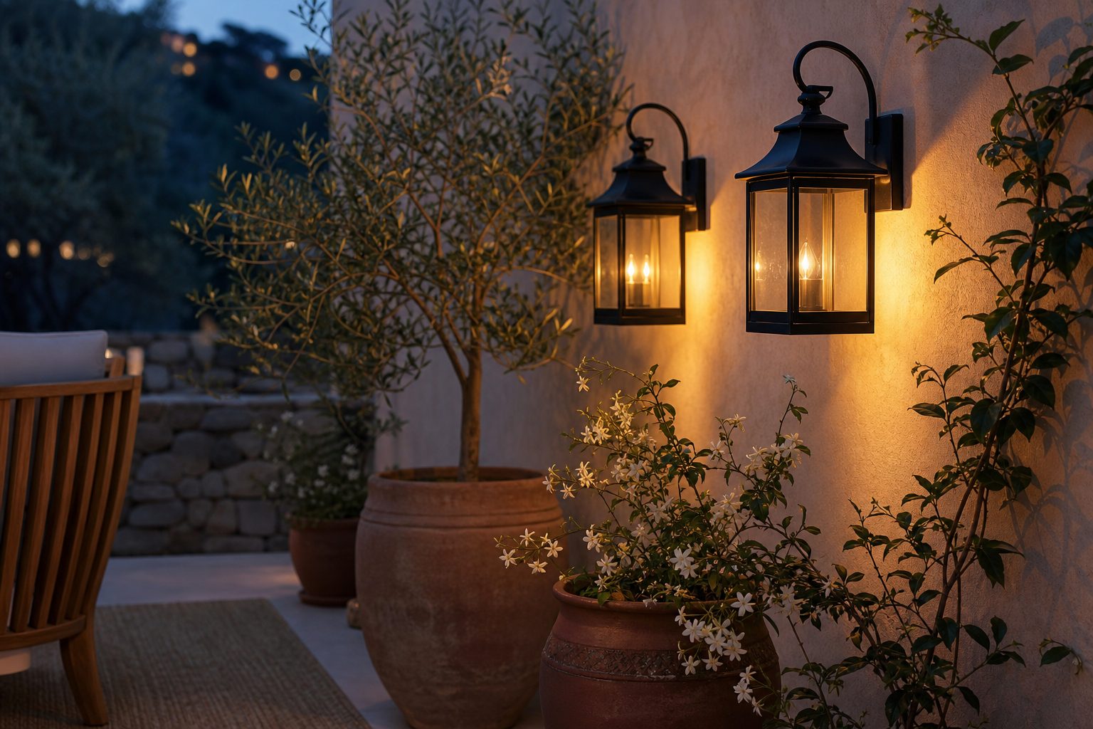 Patio lanterns, terracotta planters and olive tree at blue hour