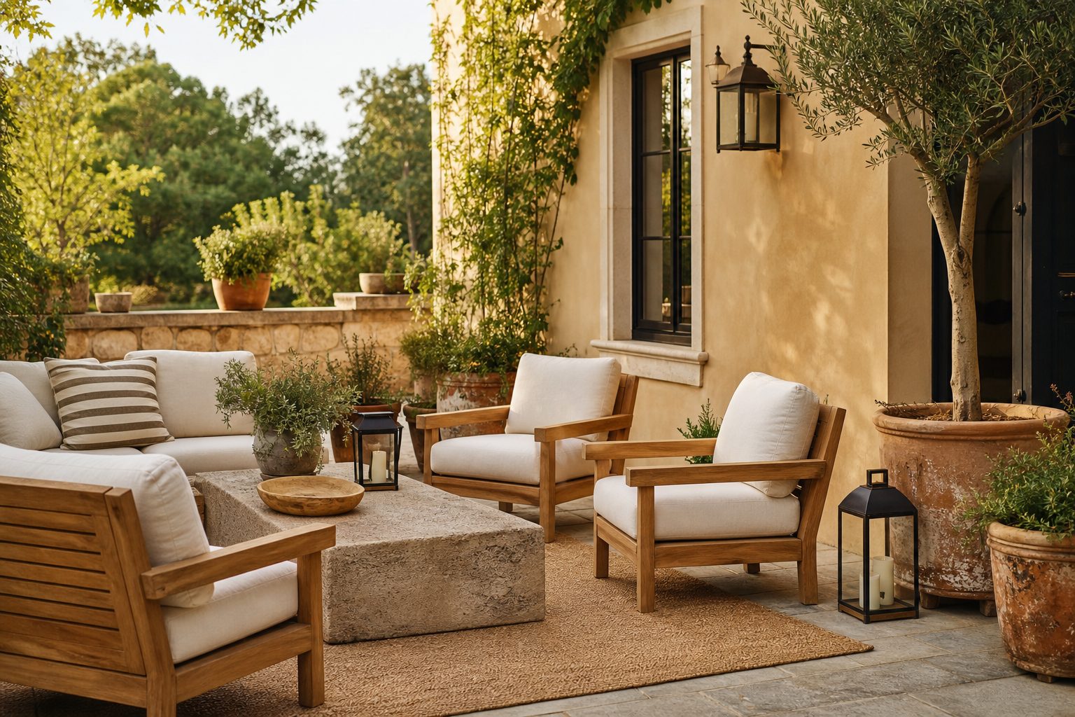 Elegant patio with linen cushions, stone table, olive tree and warm evening lights