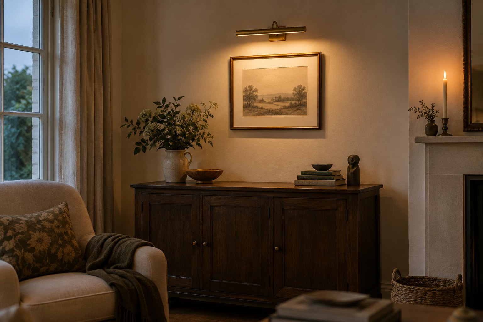 Slim brass picture light illuminating a small framed artwork above a dark wood sideboard in a warm sitting room